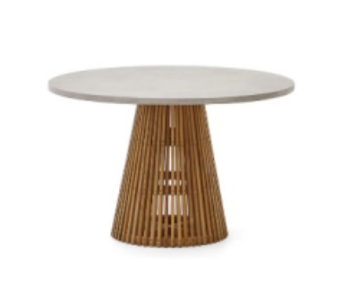 Fiber Concrete and Acacia Wood Round Table 120, Ideal for Dining and Outdoor Spaces, Elegant Open-Frame Wooden Base with a Smooth Concrete Top