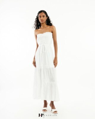 Long White Silk Dress with Organza Panels An Dat