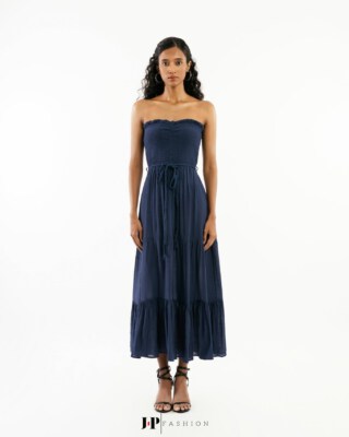 Long Blue Silk Dress with Organza Panels An Dat