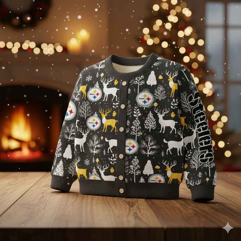 Stocktee Pittsburgh Steelers Christmas Limited Edition Spun-knit Button Sweater NEW157602